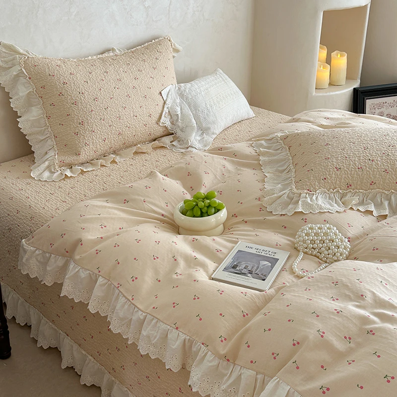 法式小清新碎花全棉床盖款双层纱床上套件韩式公主风花边纯棉被套