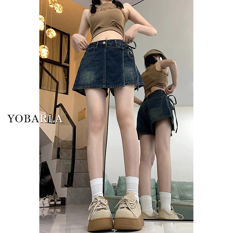 复古绑带牛仔半身裙秋冬新款大码高腰显瘦梨形身材a字包臀短裙子