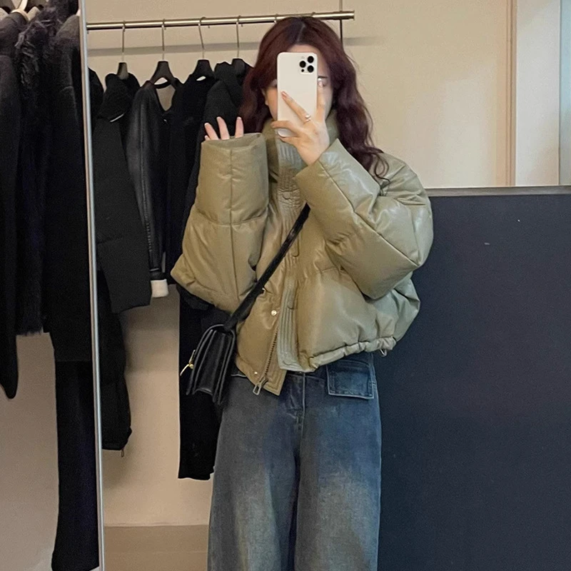 PU皮免洗反季清仓羽绒棉服女韩版时尚短款加厚小个子面包服冬季外