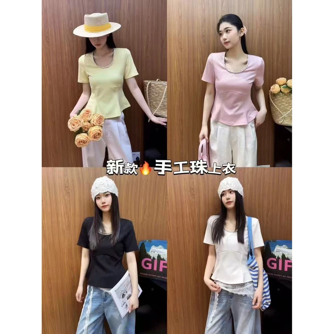KIKI严选：1108-多米家欧洲站南油夏季圆领钉珠收腰上衣T恤