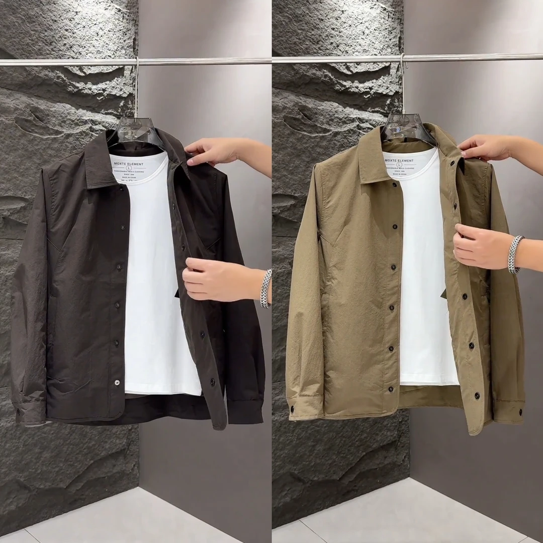 秋季新款老钱风户外工装翻领夹克男高档简约纯色百搭休闲衬衫外套