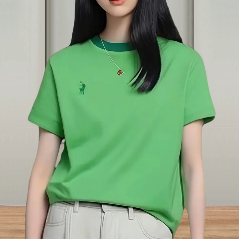 纯棉春游出行衣服2025夏季新款清新绿刺绣设计感撞色拼接短袖t恤