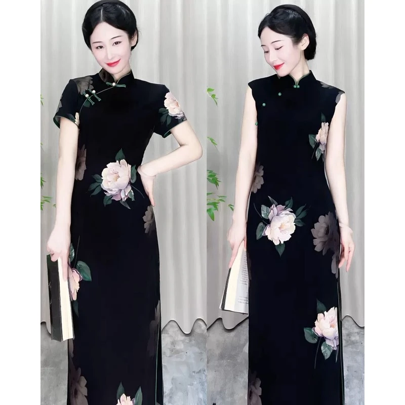 【步小姐旗袍—墨迹牡丹】深色不是定位花复古减龄无袖旗袍中国风