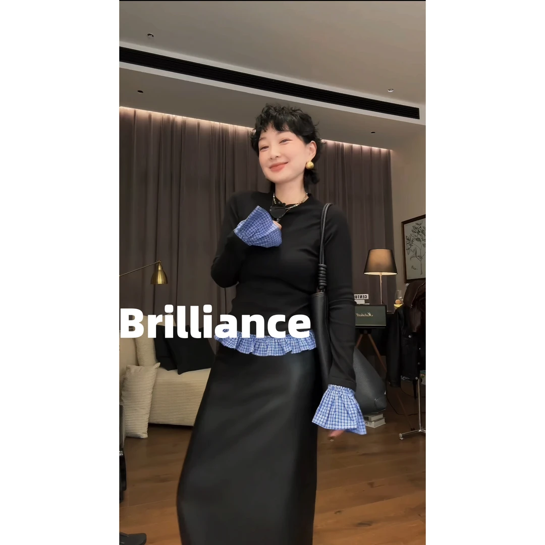 Brilliance 美式黑色假两件拼接长袖T恤女修身内搭打底衫