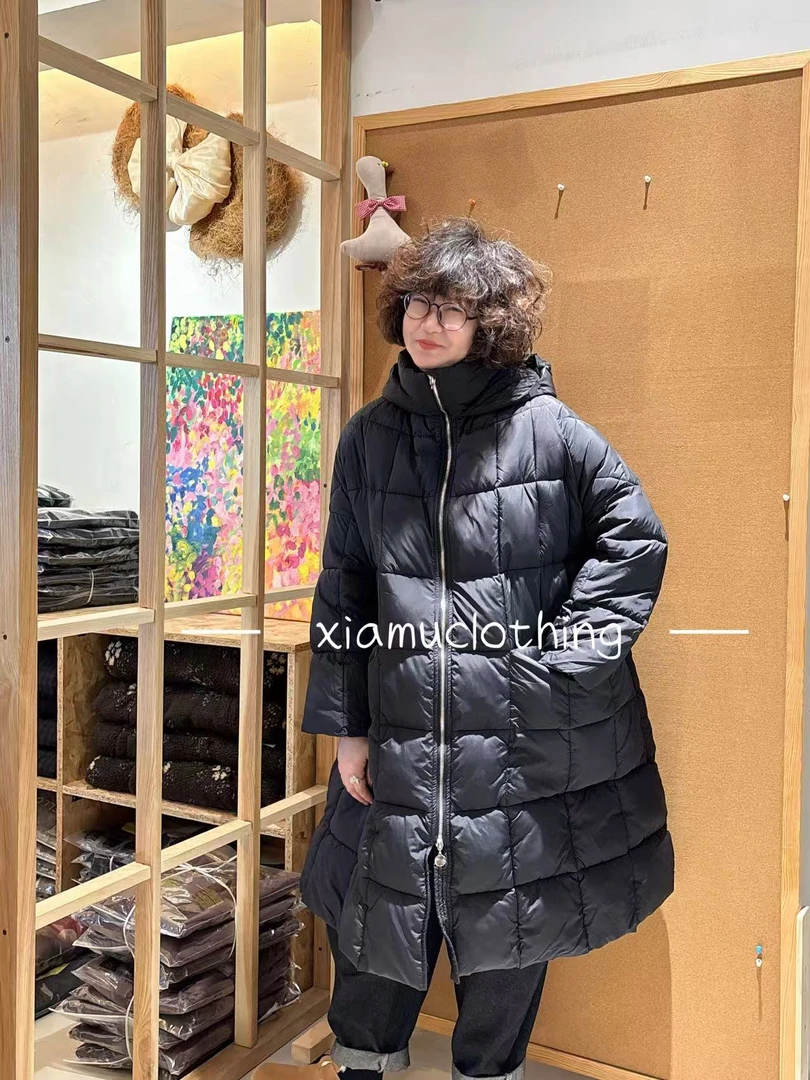 夏沐家连帽立领压格宽松长款棉服9972