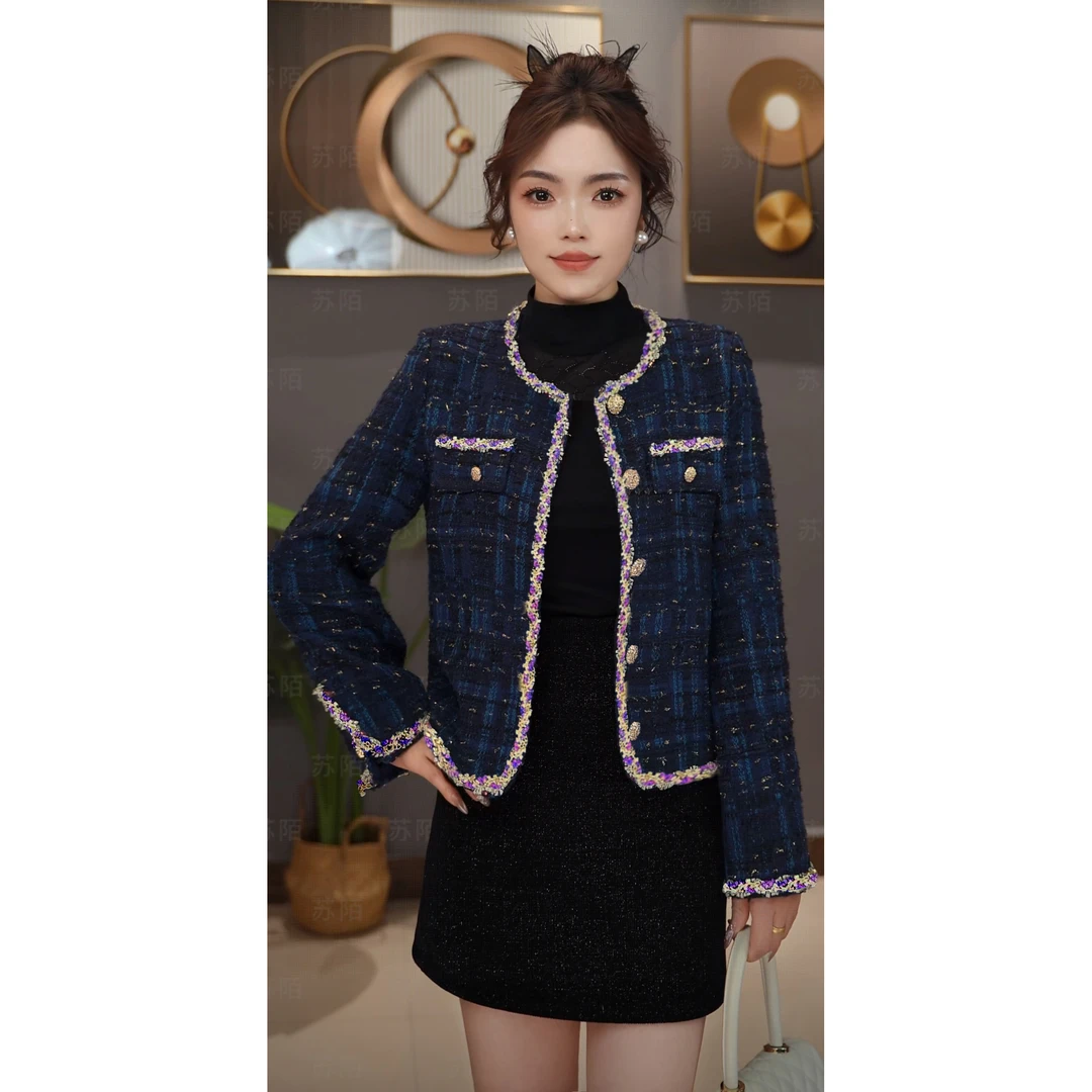 法式羊毛小香风外套秋冬2025新款气质百搭显瘦时尚设计感蓝色爆款