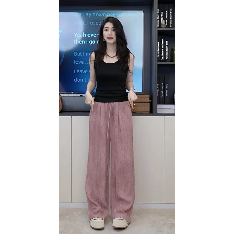 小乖逃X新款双色粉色长裤双口袋阔腿裤抽绳薄款夏季裤子240481