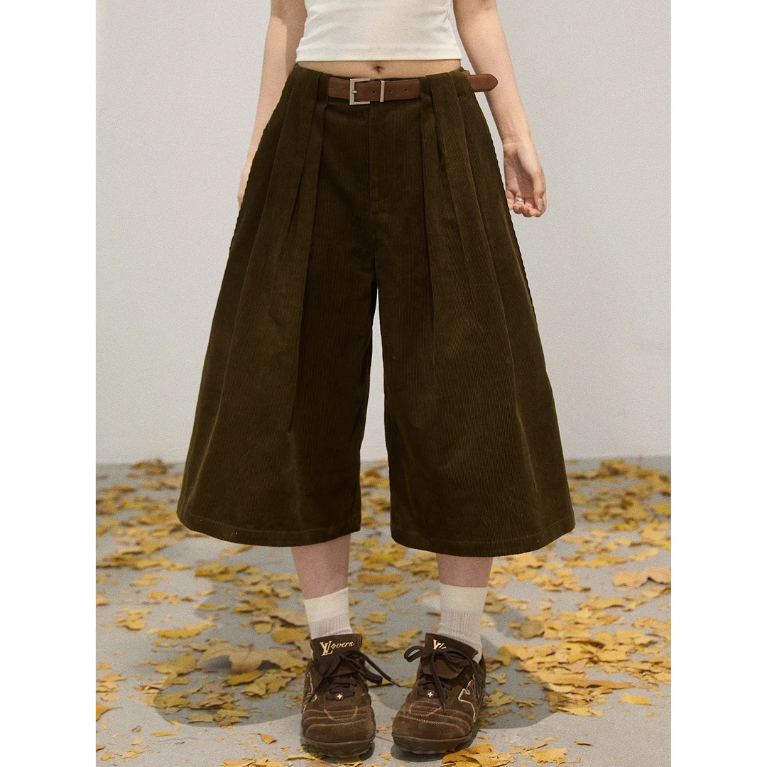 谢不肉 复古灯芯绒气质阔腿休闲裤女秋宽松高腰百搭七分裤50460