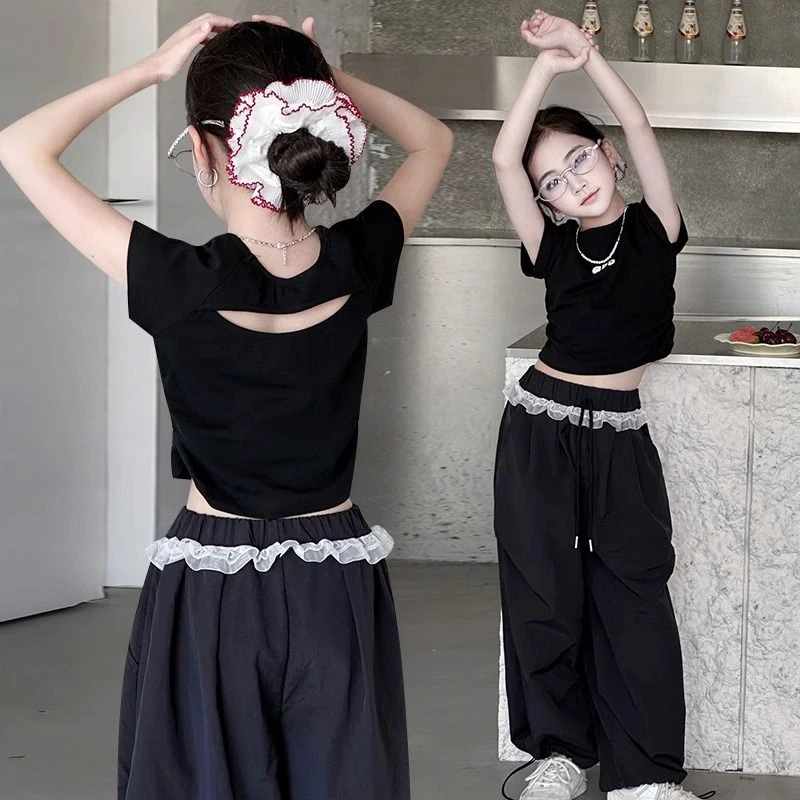 女童夏装蕾丝花边阔腿裤套装2025新款儿童洋气短袖上衣休闲两件套