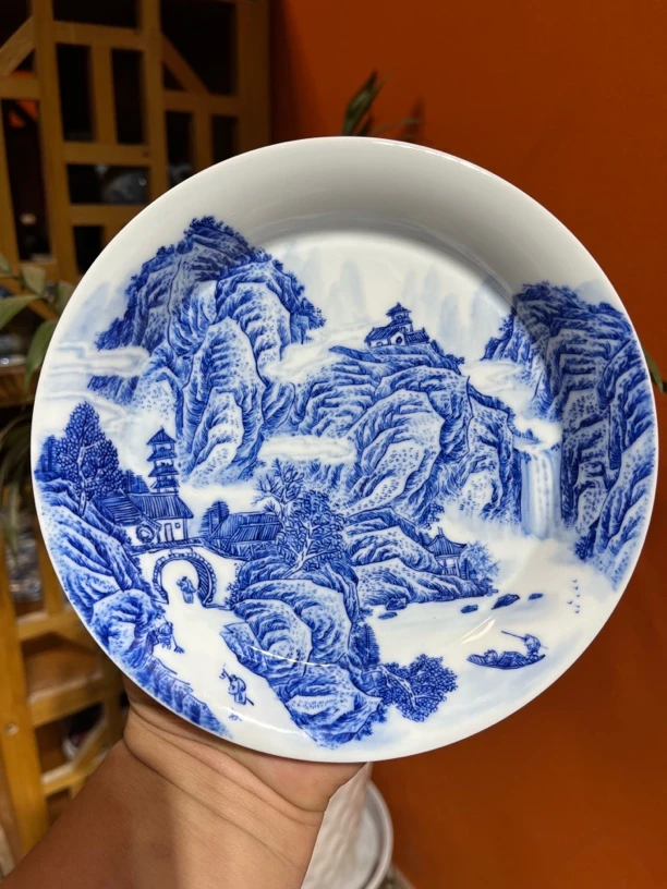 纯手工手绘釉下仿古泥青花工笔山水壶承