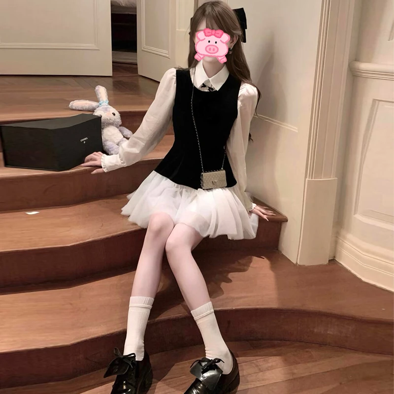 千金风法式连衣裙丝绒拼纱无袖背心裙蝴蝶结衬衫春秋穿搭套装