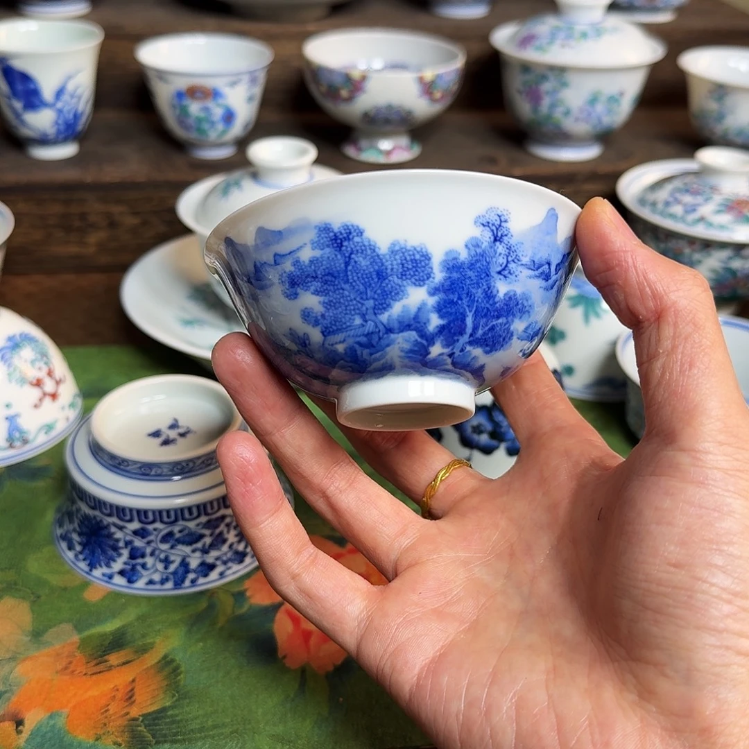 明逸堂青花重工手绘山水宫杯