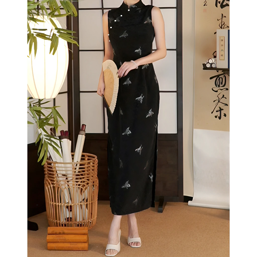 众和梦352新中式蝴蝶旗袍连衣裙女夏烫金提花国风无袖长裙