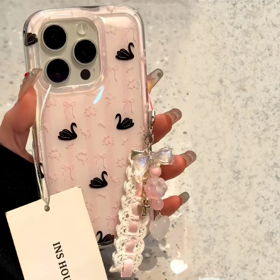 碎花黑天鹅适用苹果16promax华为小米/VIVO/IQOO/OPPO/一加手机壳