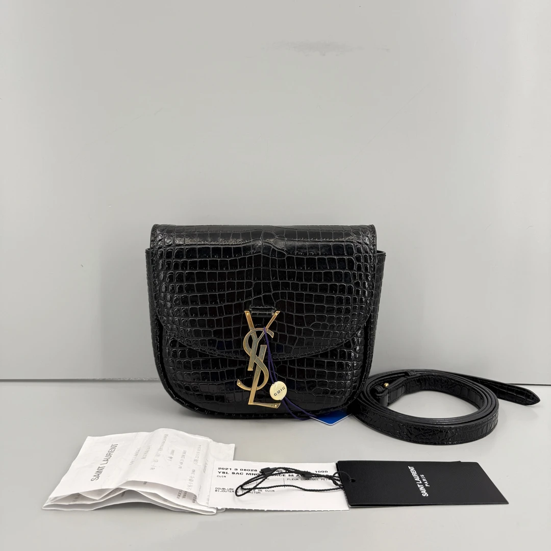 95新 YSL/圣罗兰 优选/Kaia黑金鳄鱼纹小号马鞍包21年带票/18×15