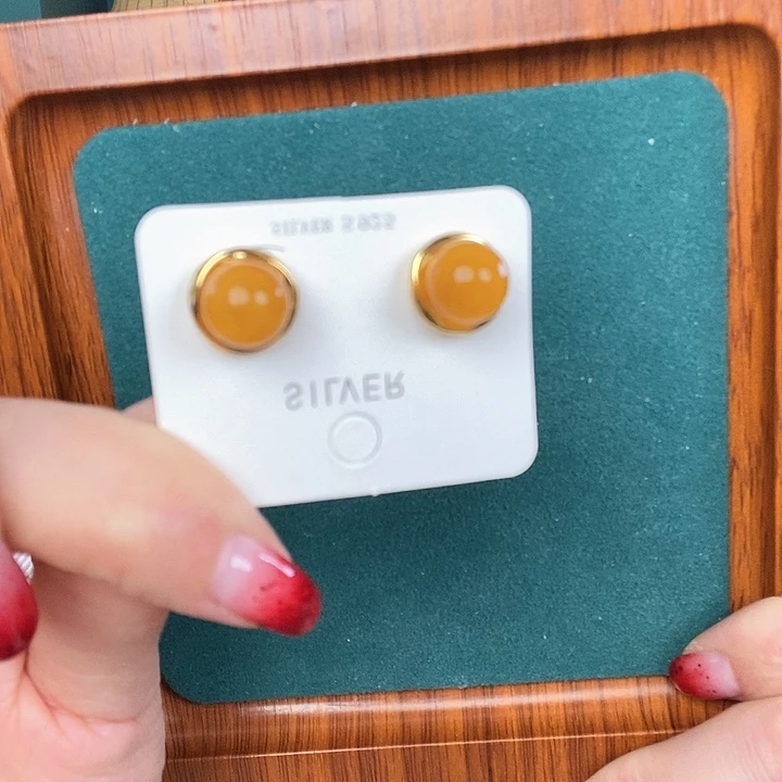 蜜蜡耳饰银S925镶嵌耳钉