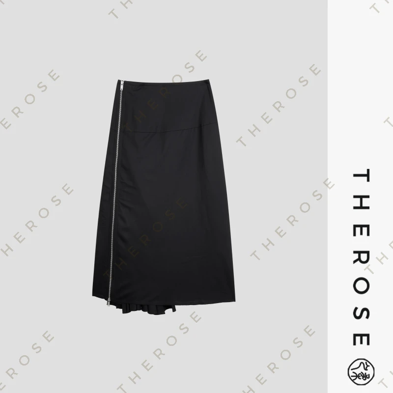 之柔【浪漫哥特】时尚气质不对称侧拉链高腰半身裙中长款女士百褶裙