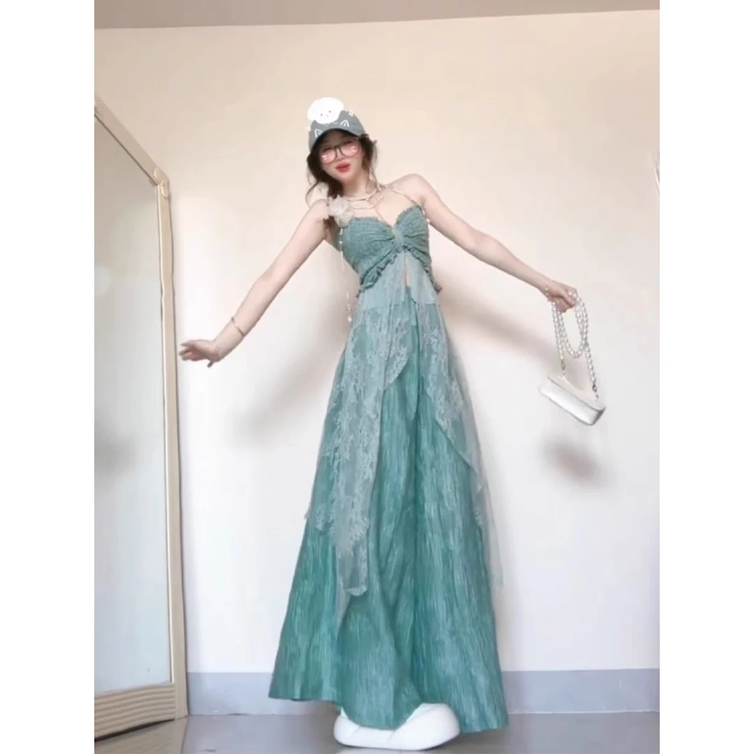 夏日新款旅游穿搭绝美漂亮小套装海边度假吊带上衣阔腿裤子两件套