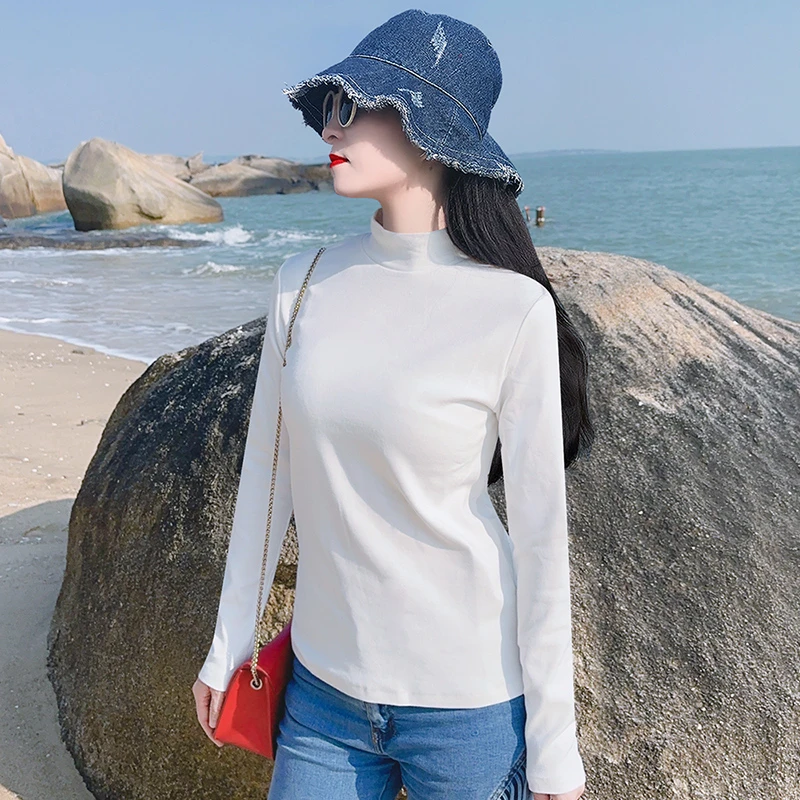 韩版秋冬精梳纯色棉加厚中立半高领打底衫女内搭白色长袖t恤上衣
