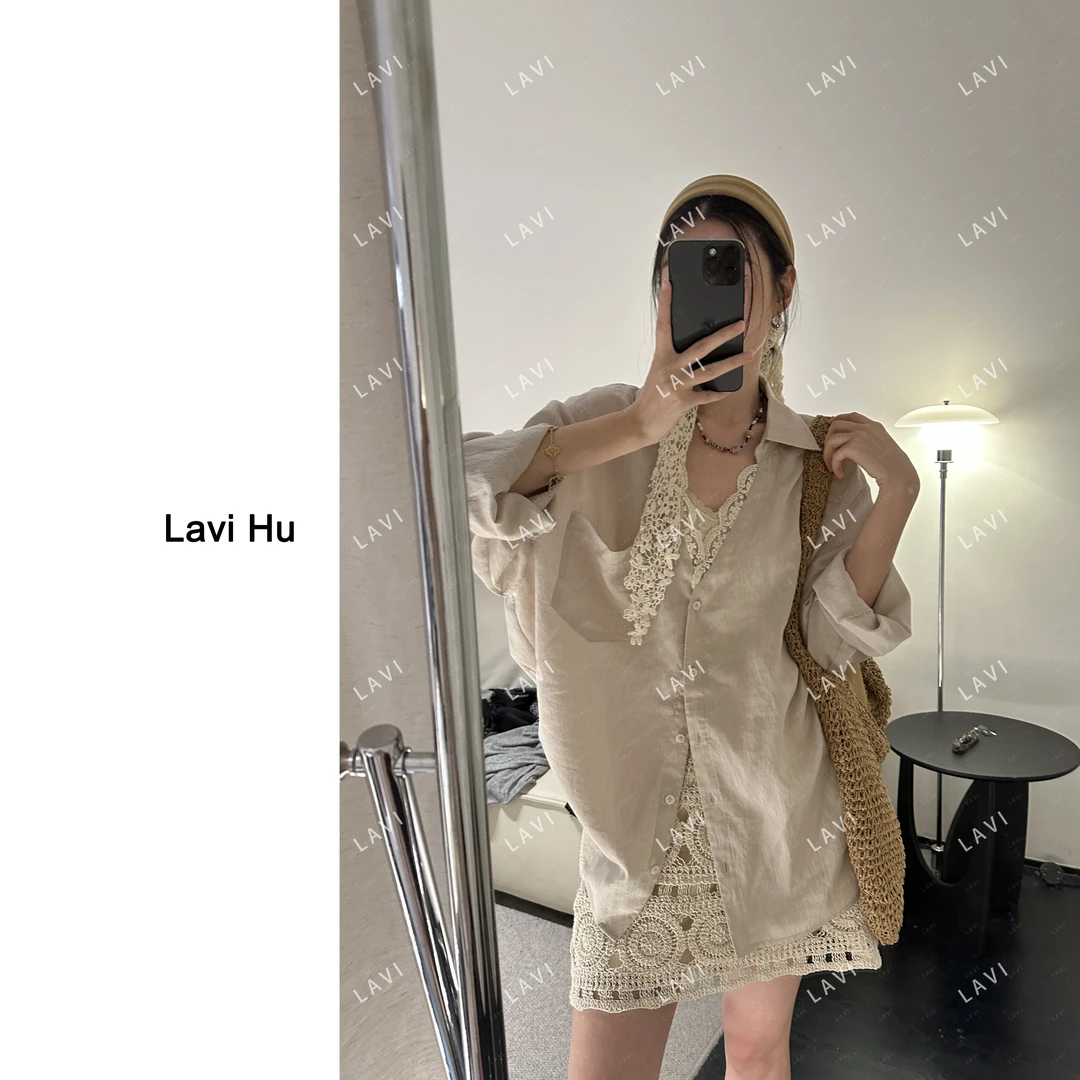 丝丝格调 天 丝+亚麻 假两件简约百搭蕾丝拼接长袖衬衫QJ3435
