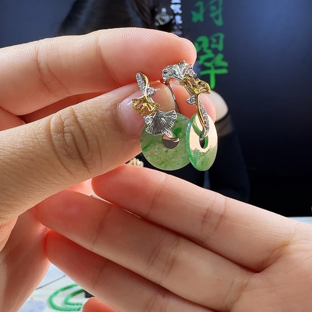 小***斑翡翠18K金镶嵌耳饰18k镶嵌