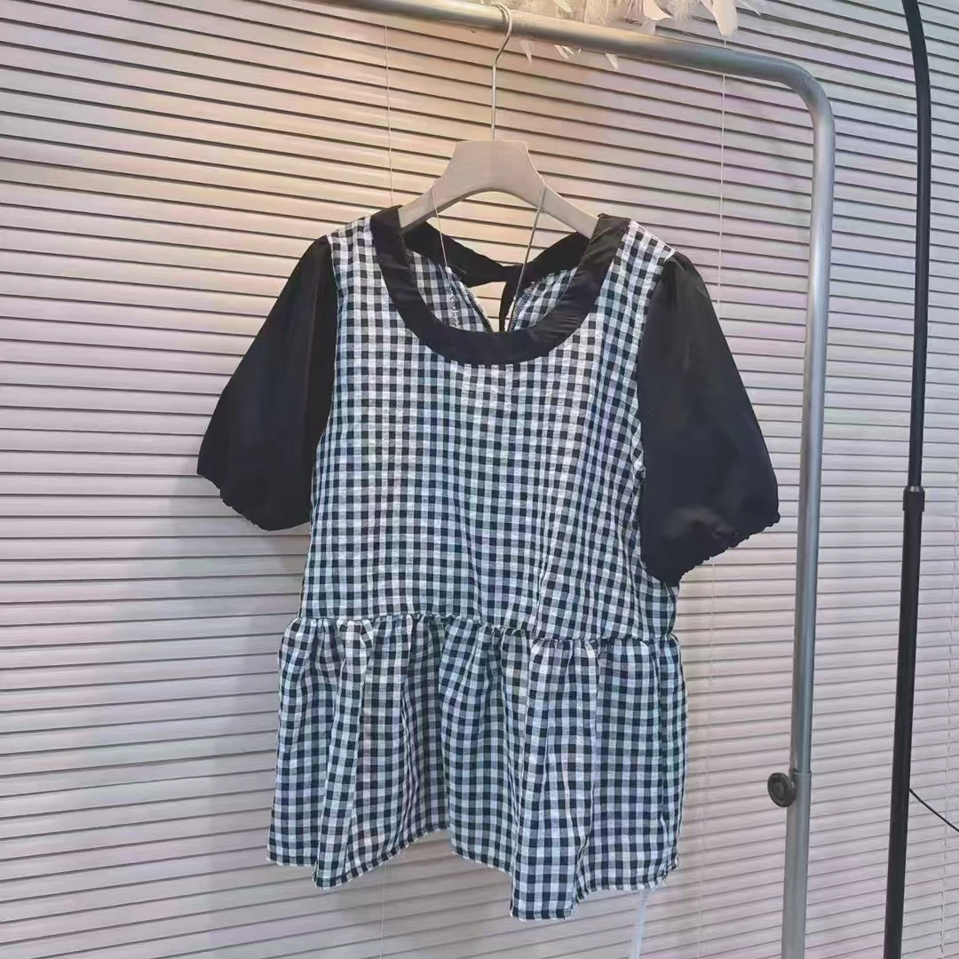 大码格子衬衫女法式微胖遮肚宽松显瘦设计感短款娃娃上衣68075