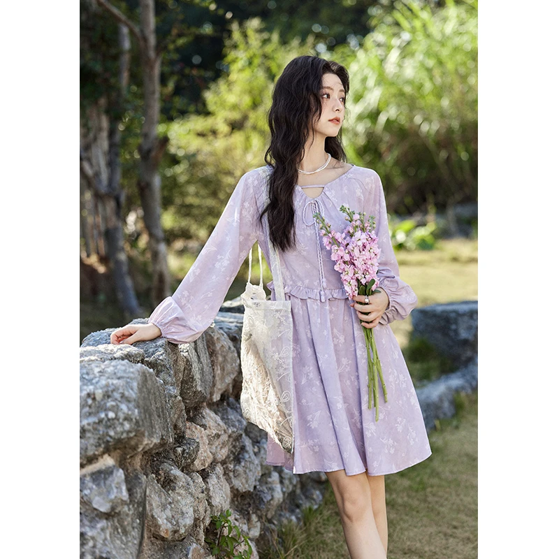 【小铃铛专属】谜秀鸢尾花雪纺连衣裙木耳边碎花裙子MXE13L2095
