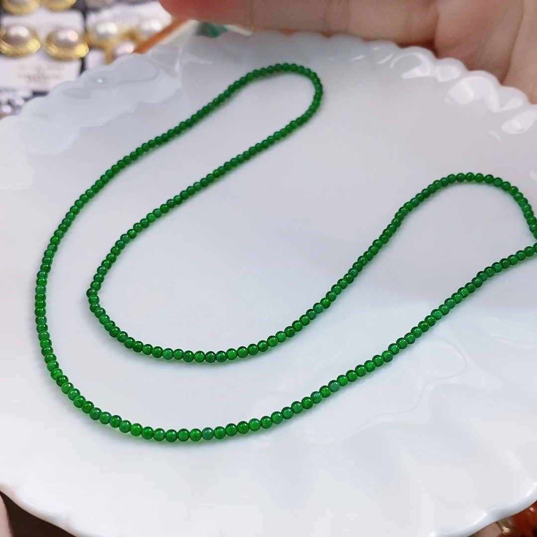 颈饰未镶嵌翡翠缅甸一级天然菠菜绿项链2.5mm