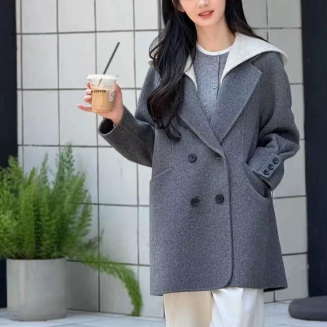 双面羊毛大衣连帽可拆卸秋冬中长款宽松显瘦撞色减龄外套