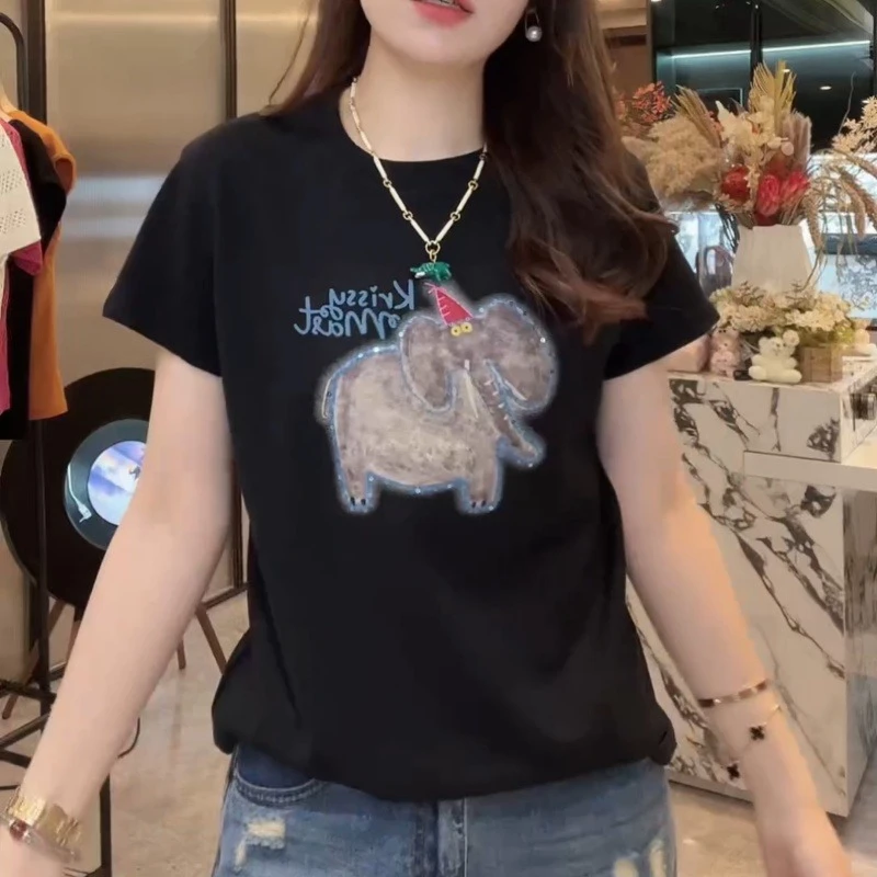 【一只小象】夏季百搭短袖T恤时尚洋气休闲装设计感上衣LK2503218