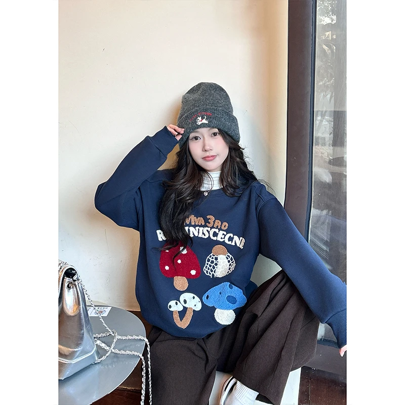 美式复古爆款设计感蘑菇刺绣卫衣女2025新款宽松休闲胖mm圆领