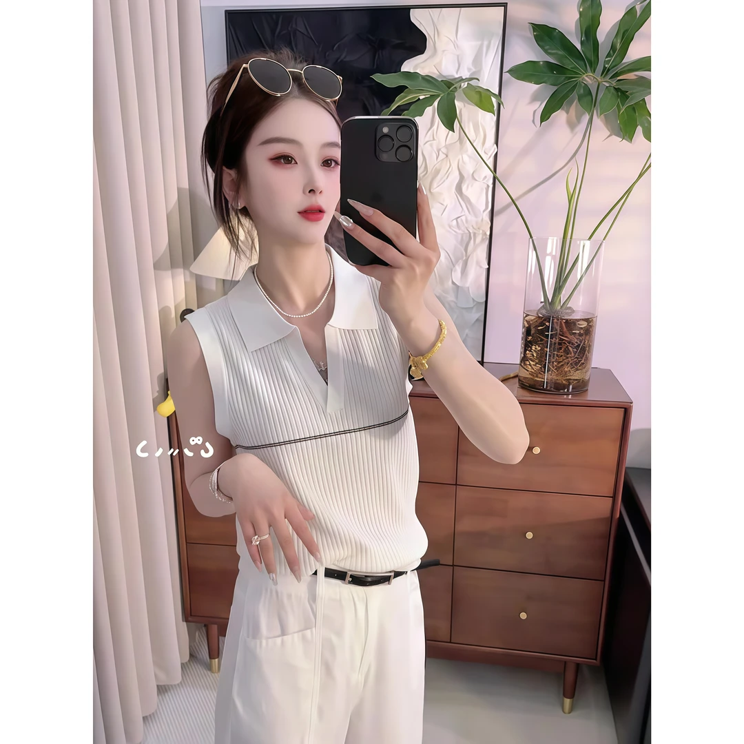 设计感撞色polo领针织背心女夏季薄款无袖坎肩休闲风翻领冰丝上衣