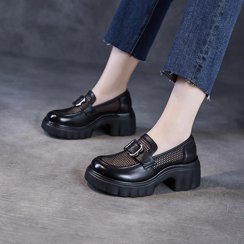 网面透气乐福鞋女粗跟厚底2025新款夏一脚蹬单鞋增高镂空头层牛皮