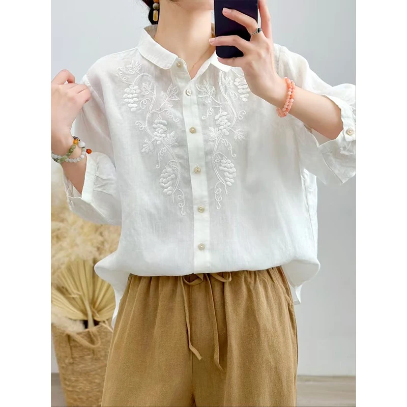 复古苎麻内里包边刺绣翻领衬衫女新款文艺宽松百搭显瘦休闲上衣