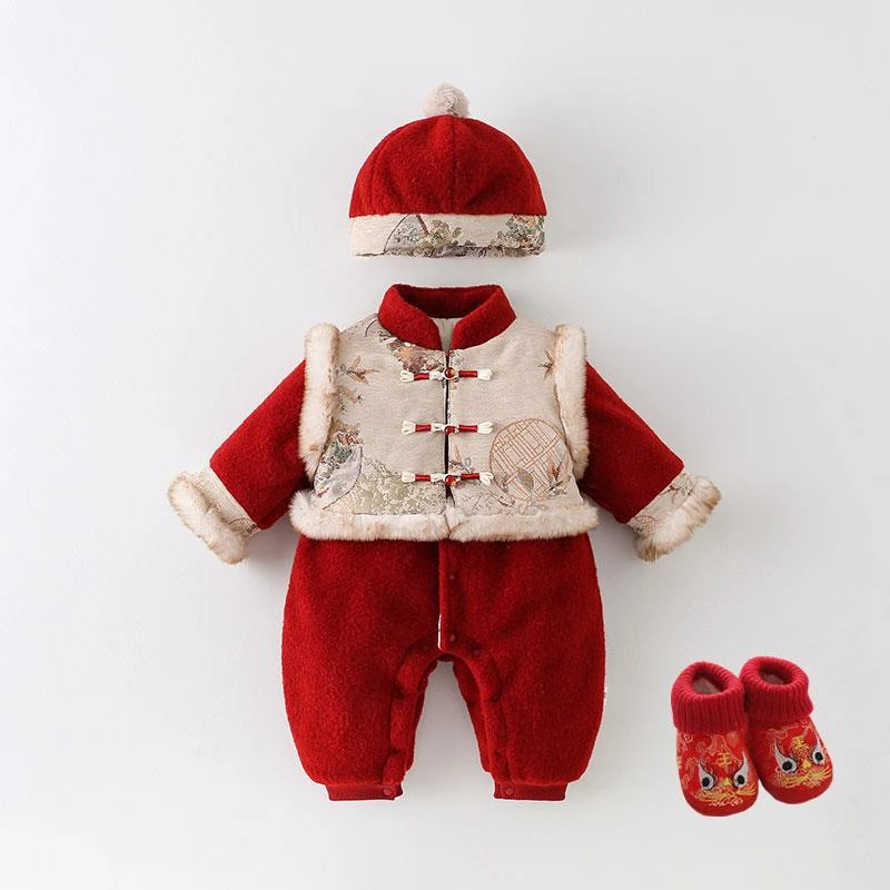 婴儿拜年服男宝喜庆冬装宝宝满月周岁礼服中式冬季连体衣外出棉服