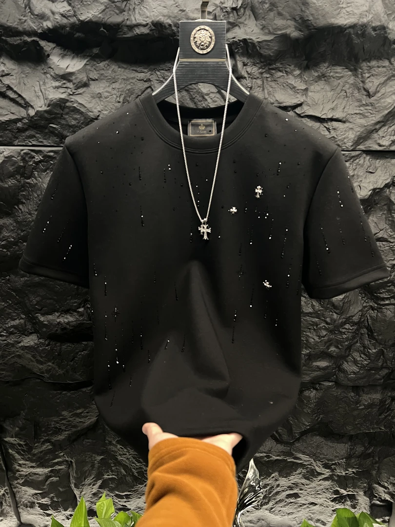 2025新款男士上衣爆款高定轻奢流星满钻重工男士圆领时尚半袖