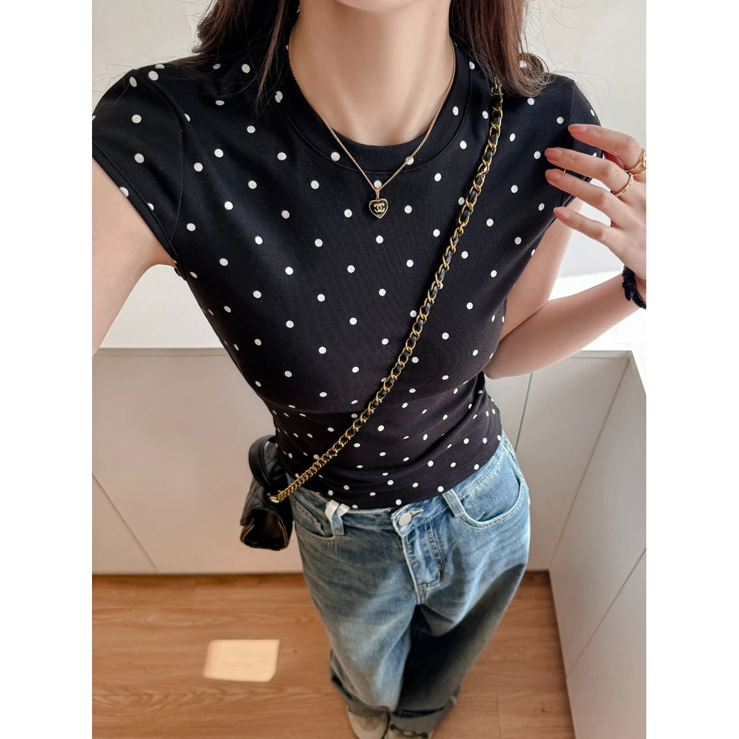 韩系纯棉设计感波点小圆领正肩短袖t恤女修身内搭打底衫上衣女装
