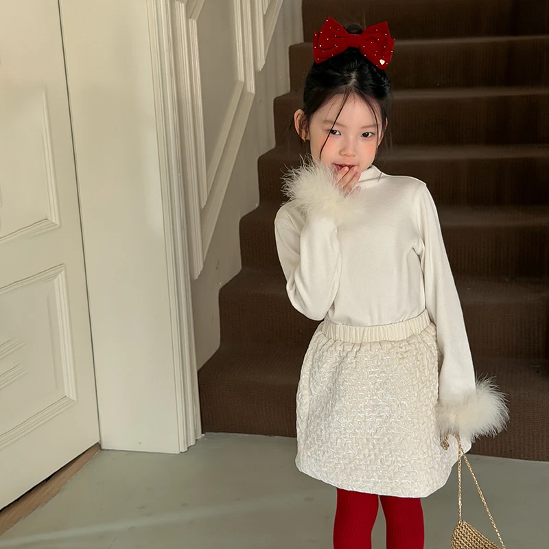 【年服内搭】女童冬洋气软糯精致毛毛袖口儿童拼接打底衫上衣25M073
