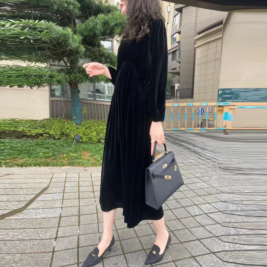 100%桑蚕丝真丝丝绒显瘦显高气质法式连衣裙