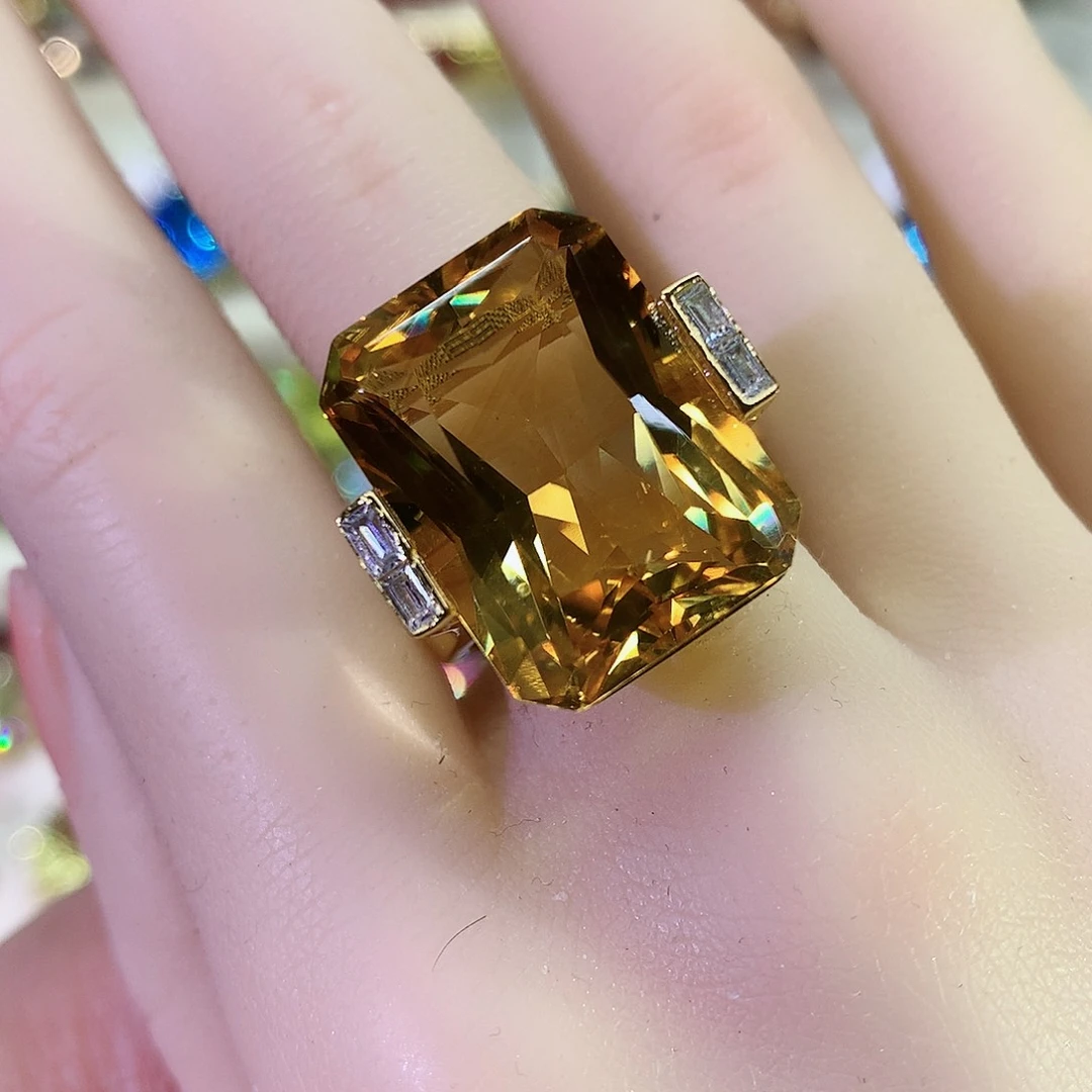 黄晶戒指银S925镀金镶嵌