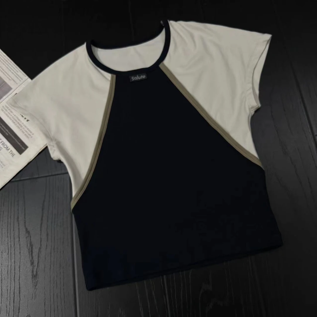 MUZI-小众设计感减龄撞色休闲圆领拼接短袖T恤25276