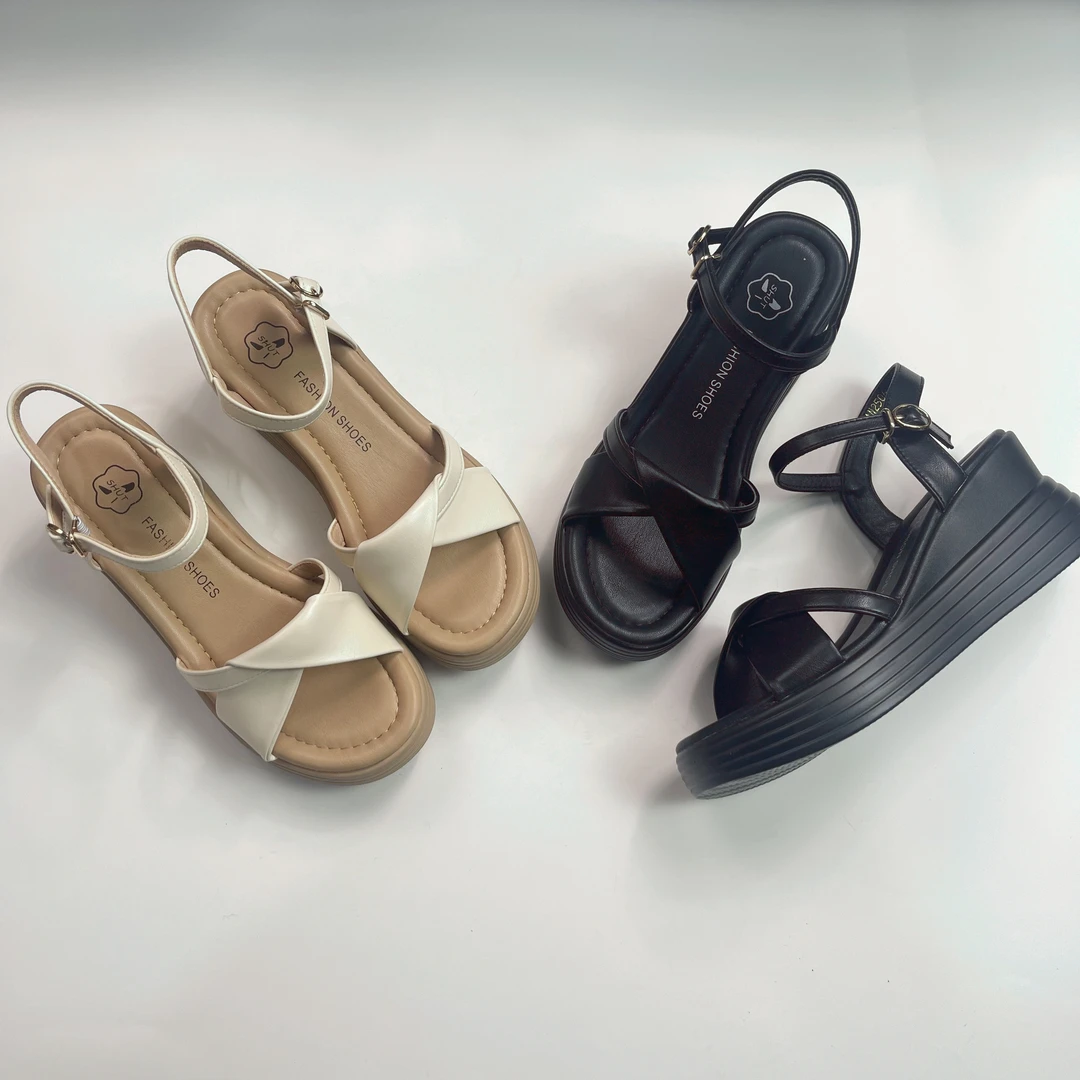 罗马鞋女丁字式扣带露趾罗马凉鞋夏季平底厚底坡跟休闲百搭高跟