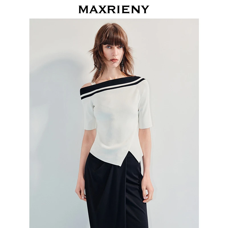 MAXRIENY2025年夏季赫本白色撞色针织衫显瘦斜肩小衫法式小众