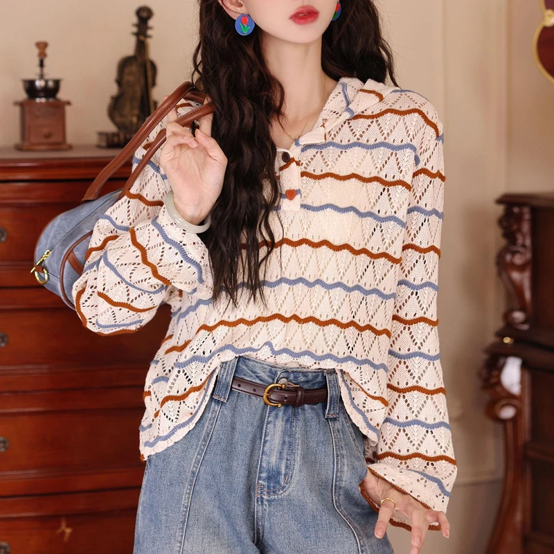 港风复古条纹连帽百搭休闲针织上衣女2025秋季新款高级感洋气衣服