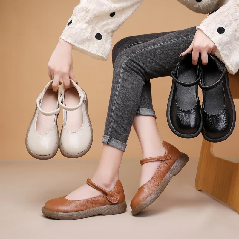 2417头层牛皮玛丽珍单鞋舒适中老年休闲百搭软底厚底妈妈鞋圆头