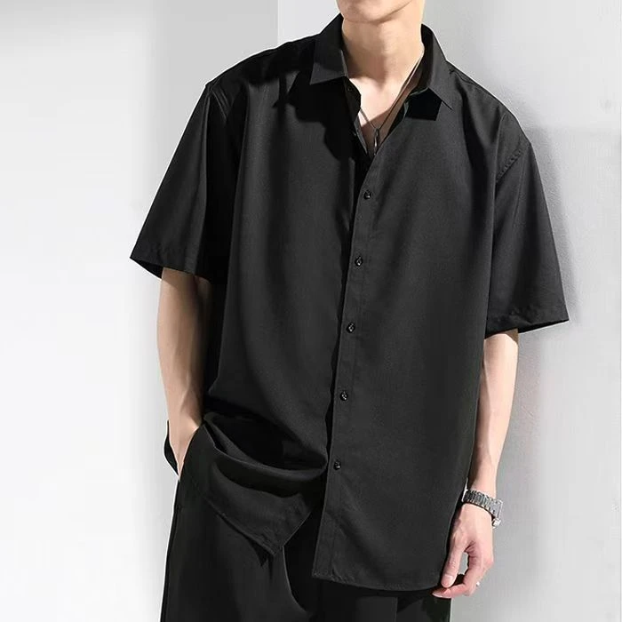 冰丝短袖衬衫夏季日系时尚休闲宽松加大纯色五分袖衬衣痞帅韩版
