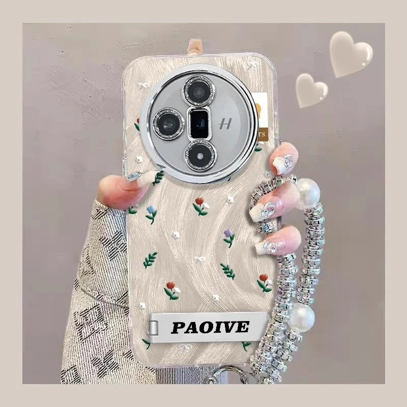 适用oppofindx8手机壳闪粉镜头膜网红女款轻奢高档碎花带支架手链