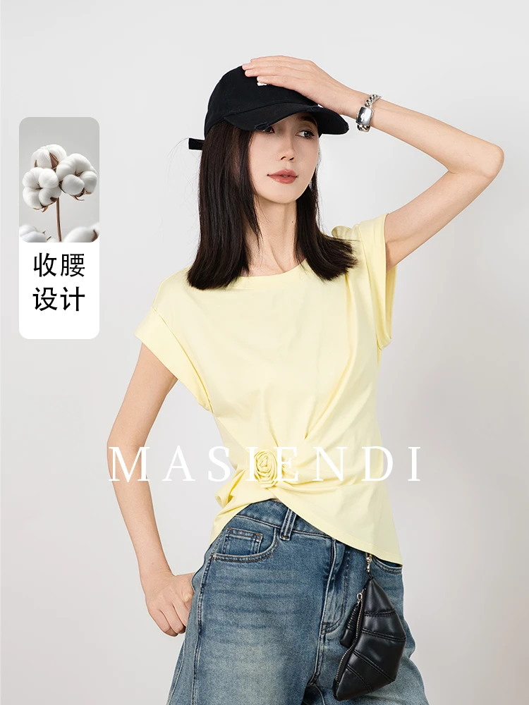 玛丝恩迪短袖不规则修身T31602时尚百搭休闲圆领上衣收腰纯色