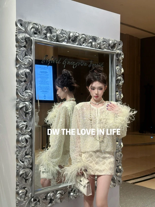 25SS//DW高定重磅钉珠银丝手袖驼鸟毛外套小香风