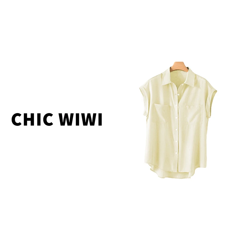CHIC WIWI 春夏新款复古港味无袖口袋醋酸女衬衣CY034226